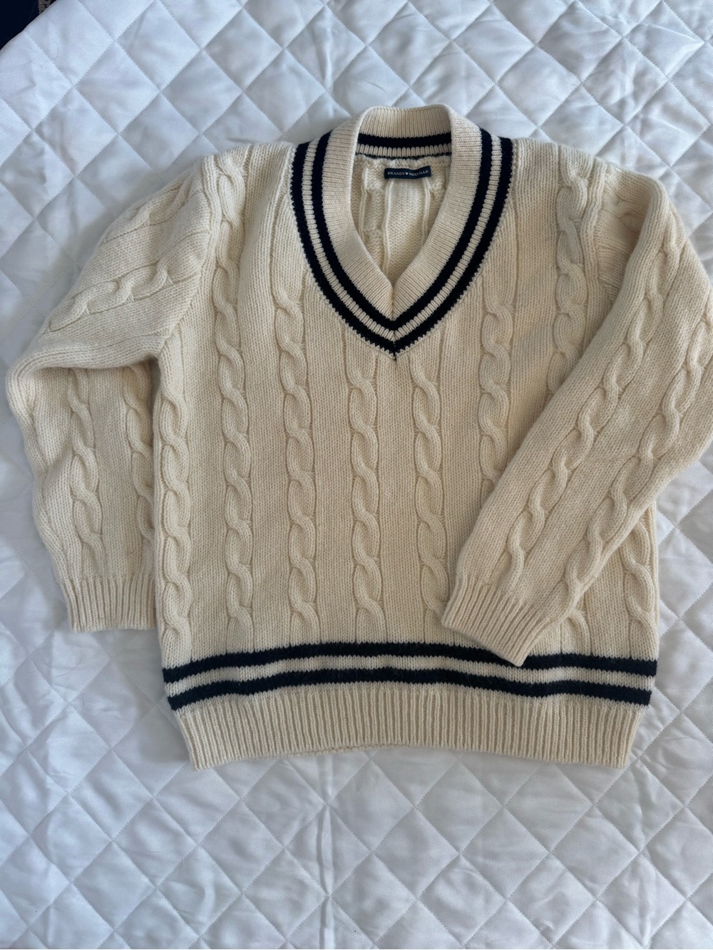 Brandy Melville Nikki Trim Sweater Navy Cable Knit V-Neck Wool